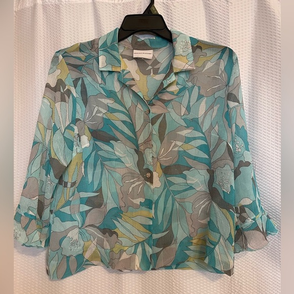 Alfred Dunner blue multicolored floral print 3/4 sleeve button down blouse XL - Picture 1 of 4